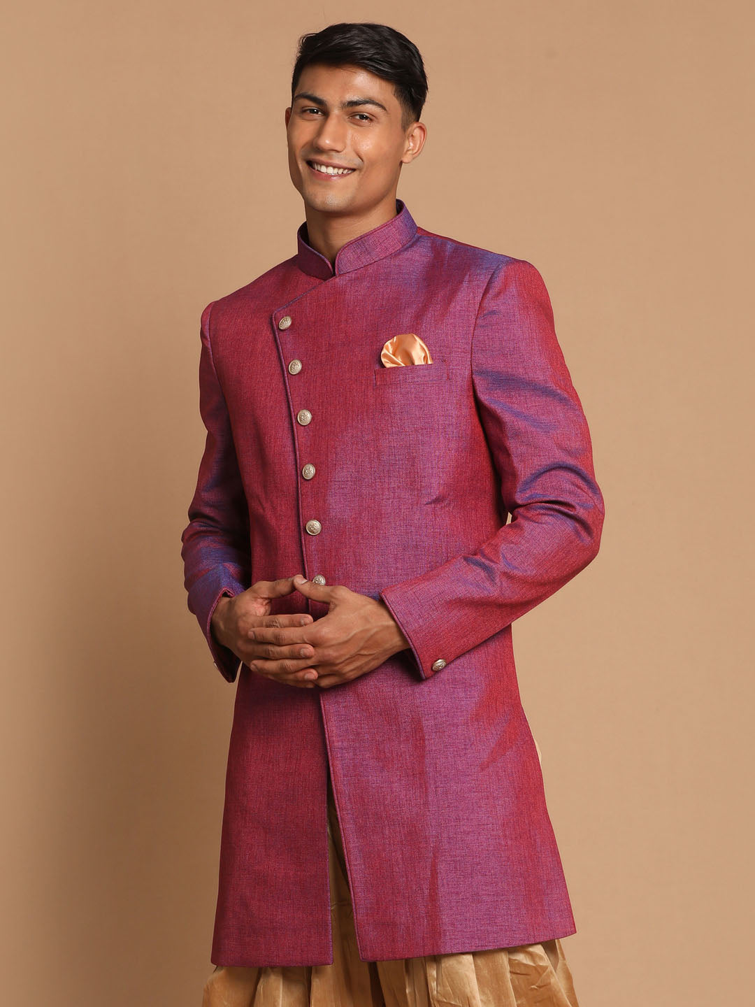 Vastramay Men's Purple Angrakha Style Jute Royal Sherwani Only Top