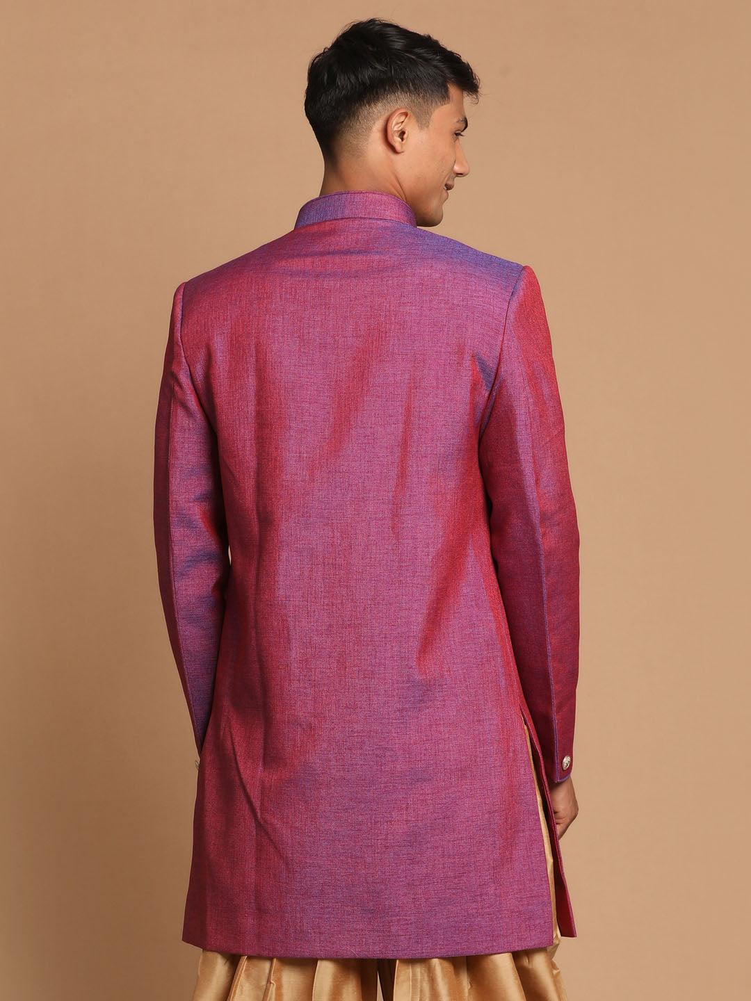 Vastramay Men's Purple Angrakha Style Jute Royal Sherwani Only Top