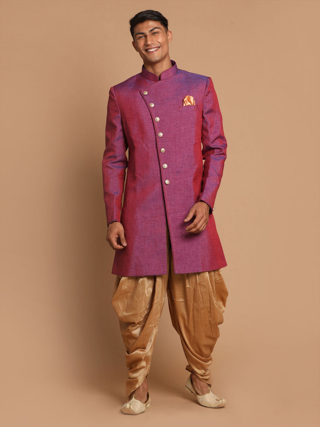 Vastramay Men's Purple And Rose Gold Jute Sherwani Set