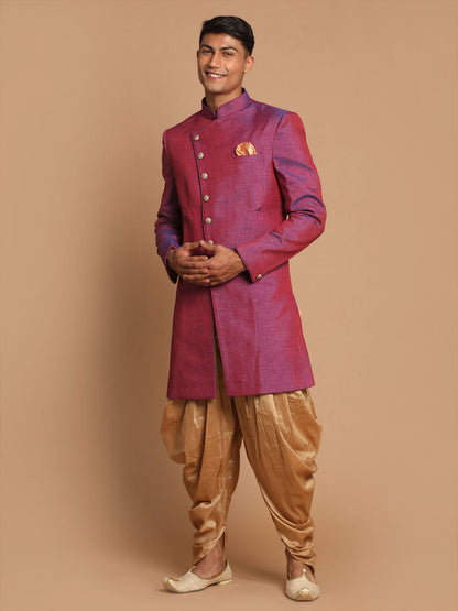 Vastramay Men's Purple And Rose Gold Jute Sherwani Set