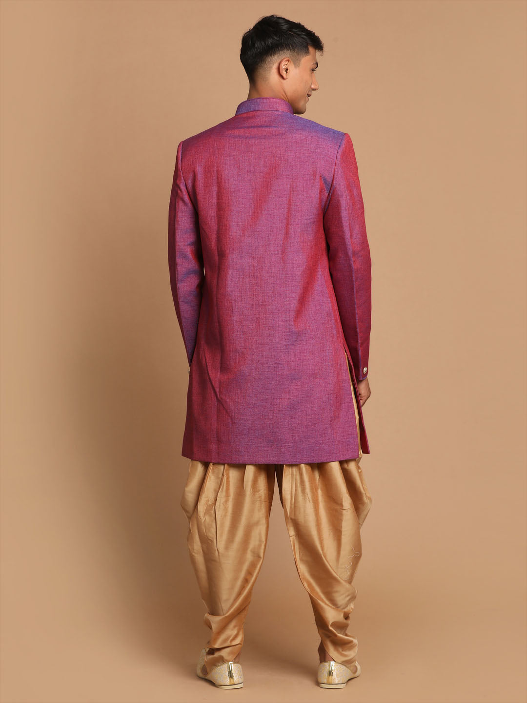 Vastramay Men's Purple And Rose Gold Jute Sherwani Set