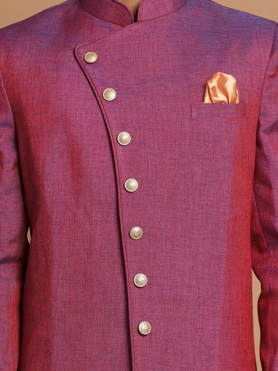 Vastramay Men's Purple And Rose Gold Jute Sherwani Set