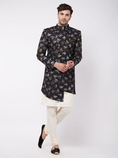 Vastramay Men's Black Angrakha Style Indo Western Over Cream Kurta Pyjama Set