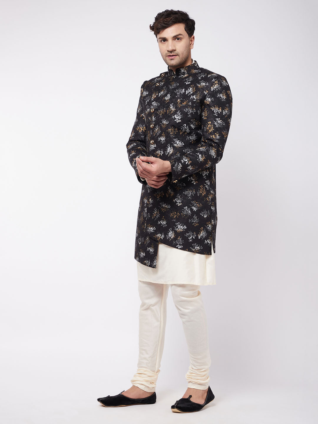 Vastramay Men's Black Angrakha Style Indo Western Over Cream Kurta Pyjama Set