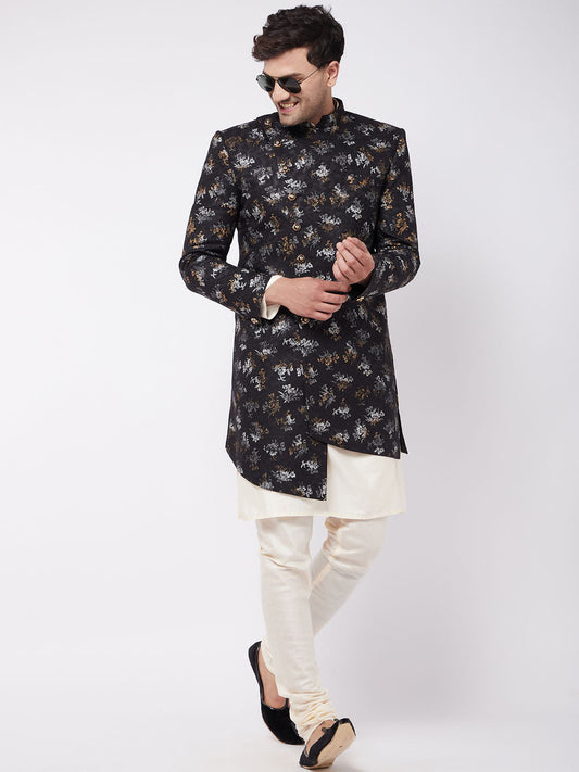 Vastramay Men's Black Angrakha Style Indo Western Over Cream Kurta Pyjama Set