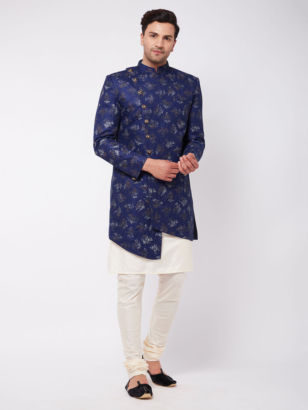 Vastramay Men's Blue Angrakha Style Indo Western Over Cream Kurta Pyjama Set