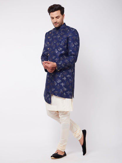 Vastramay Men's Blue Angrakha Style Indo Western Over Cream Kurta Pyjama Set