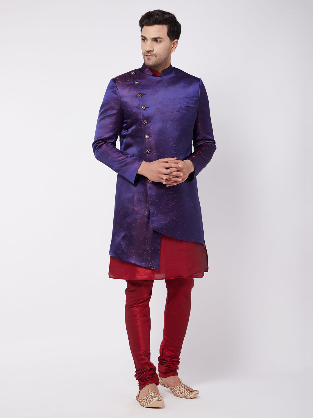 Vastramay Men's Purple Angrakha Style Indo Western Over Maroon Kurta Pyjama Set