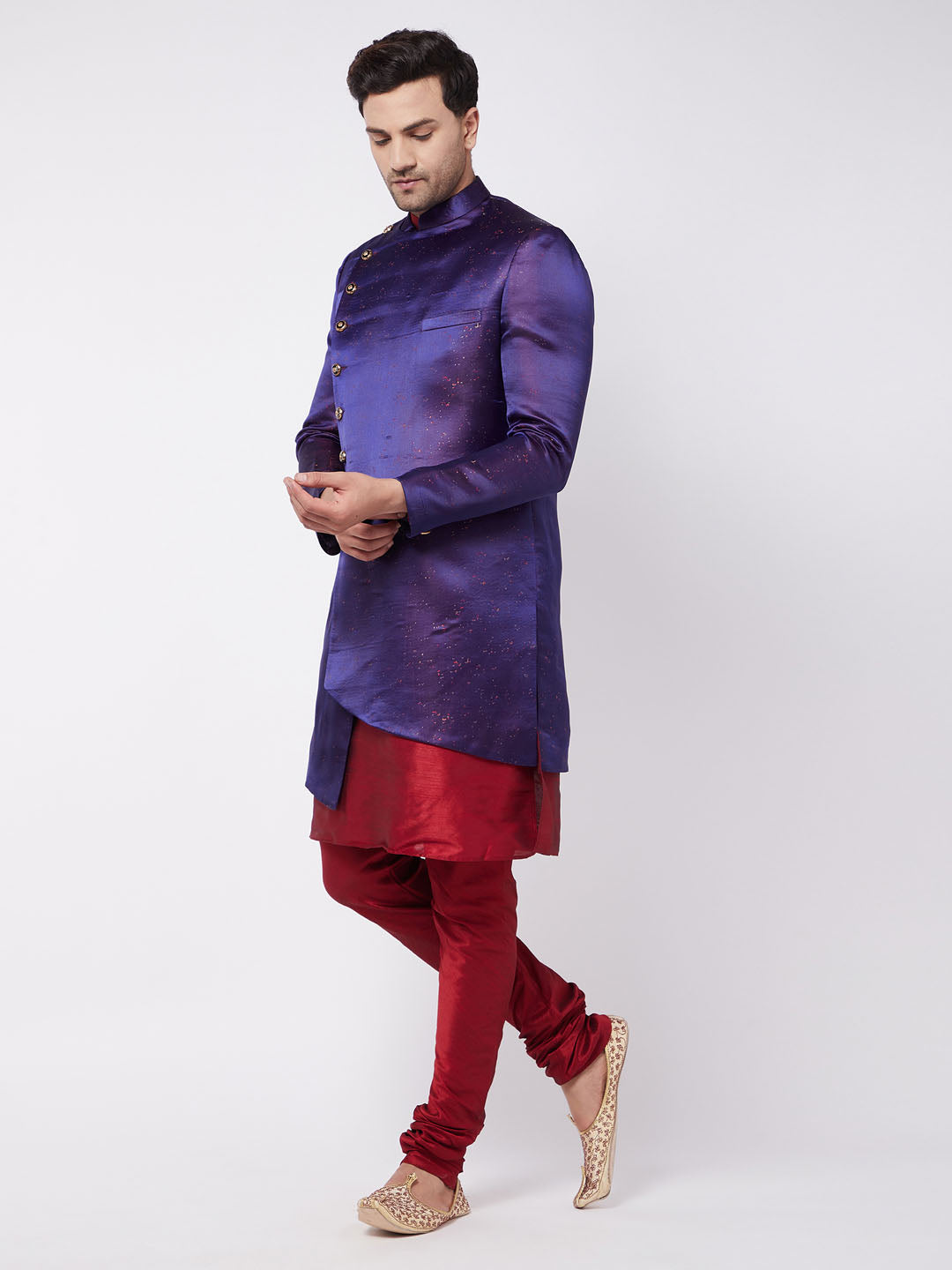 Vastramay Men's Purple Angrakha Style Indo Western Over Maroon Kurta Pyjama Set