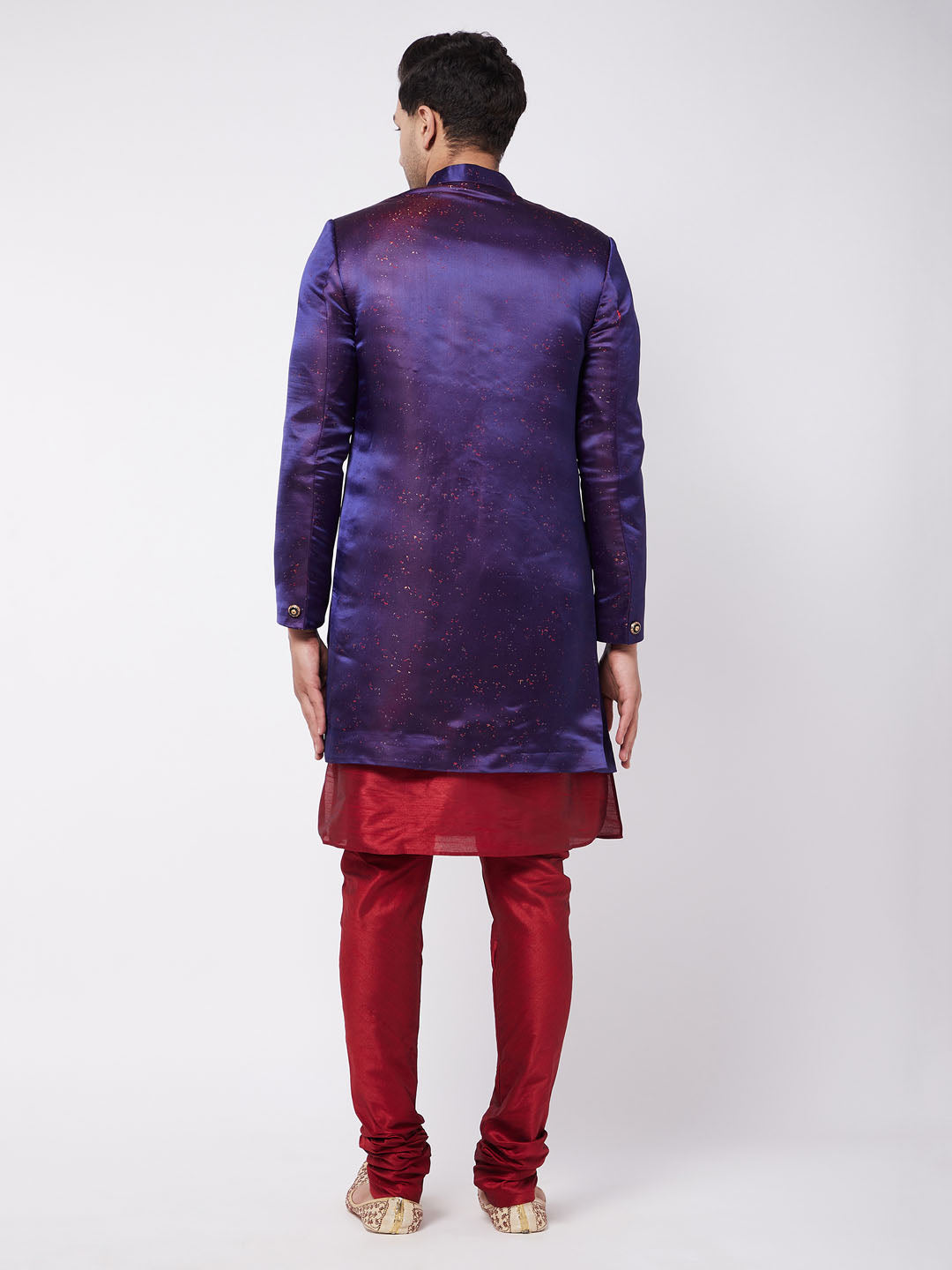 Vastramay Men's Purple Angrakha Style Indo Western Over Maroon Kurta Pyjama Set