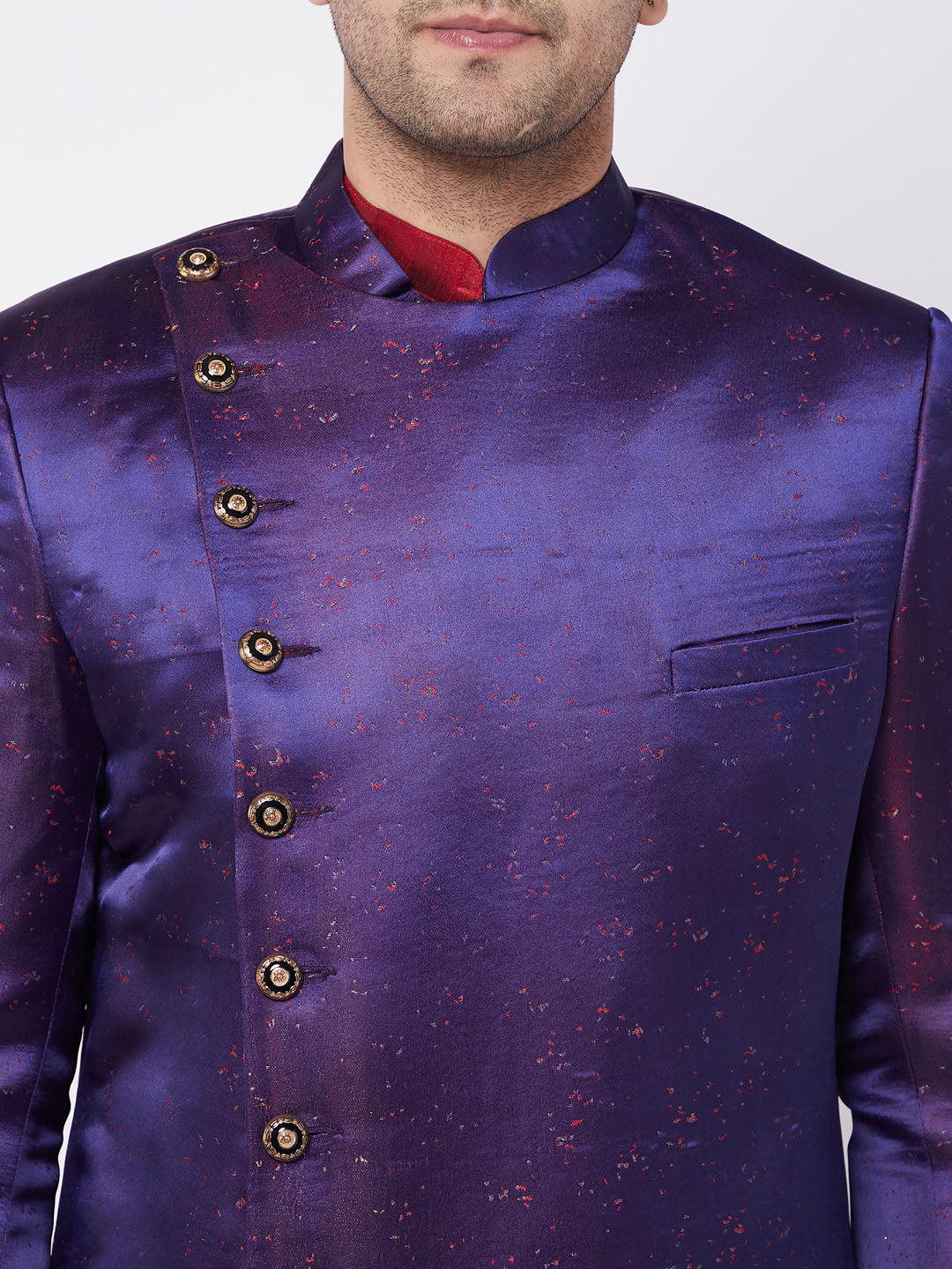 Vastramay Men's Purple Angrakha Style Indo Western Over Maroon Kurta Pyjama Set