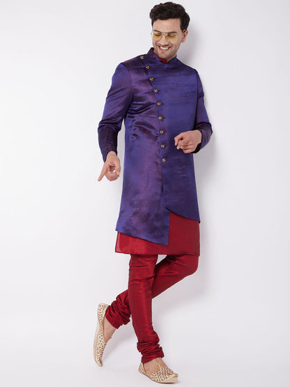 Vastramay Men's Purple Angrakha Style Indo Western Over Maroon Kurta Pyjama Set