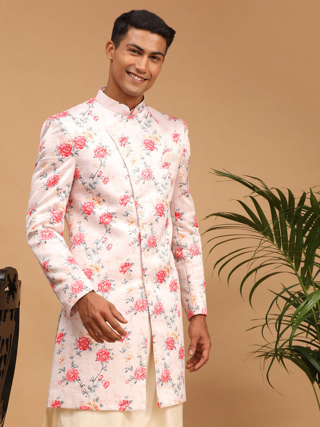 VASTRAMAY Men's Multicolor Base Peach Silk Blend Sherwani Top