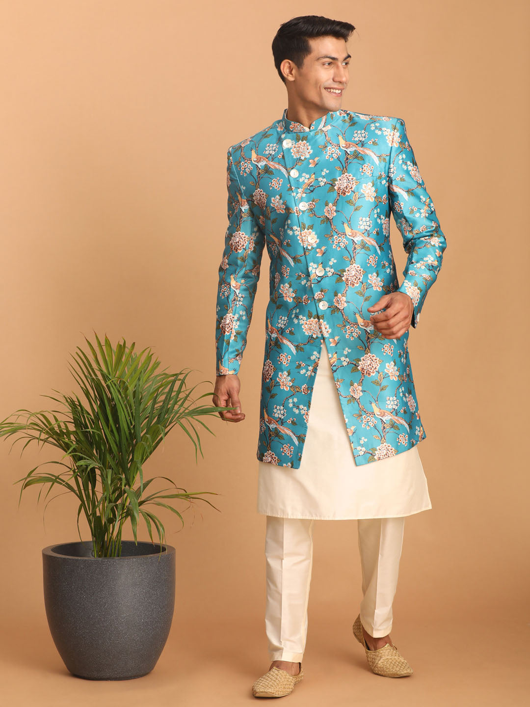 VASTRAMAY Men's Multicolor Base Blue Silk Blend Sherwani With Kurta Pant Set