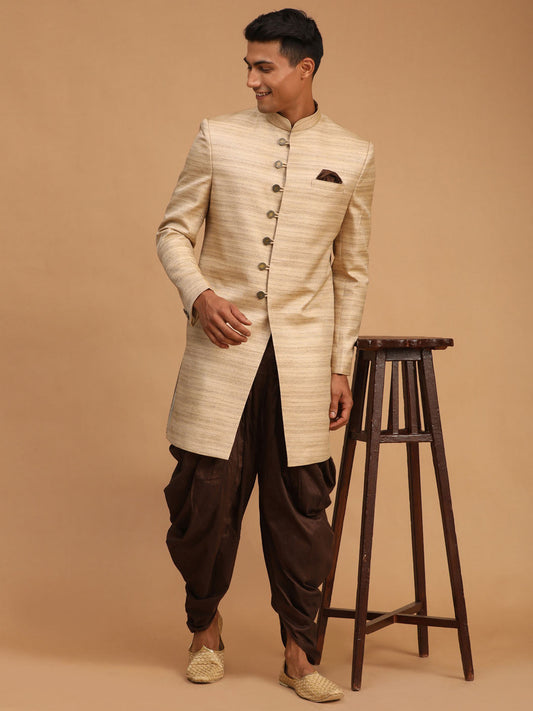 Vastramay mens beige and coffee color texture pattern sherwani set