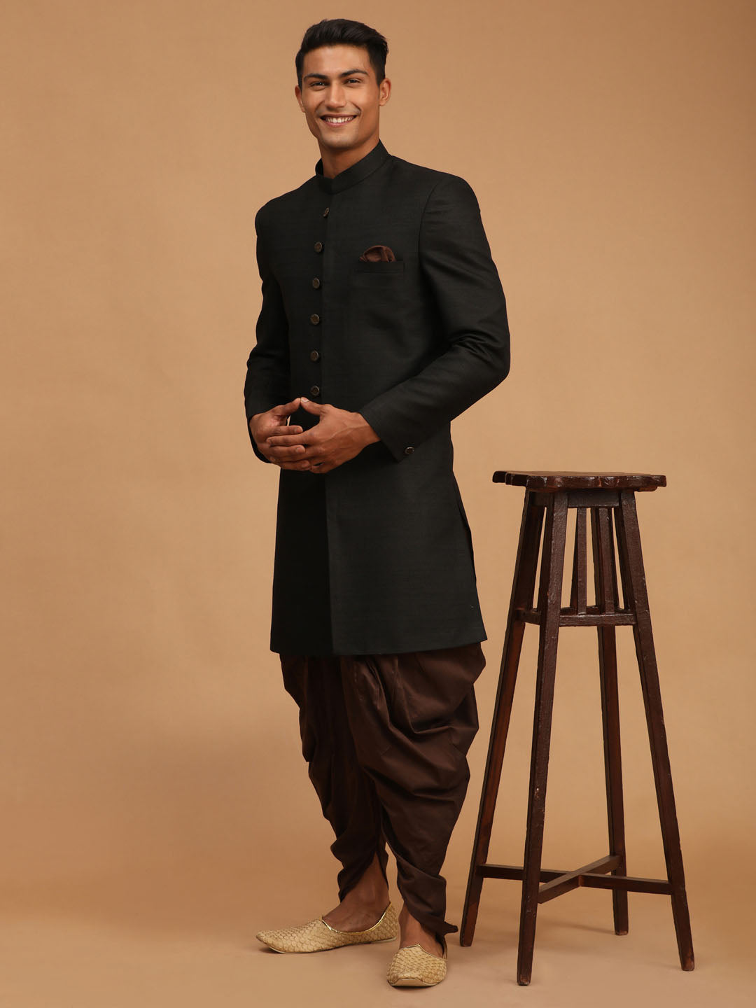 Vastramay mens black and coffee color texture pattern sherwani set