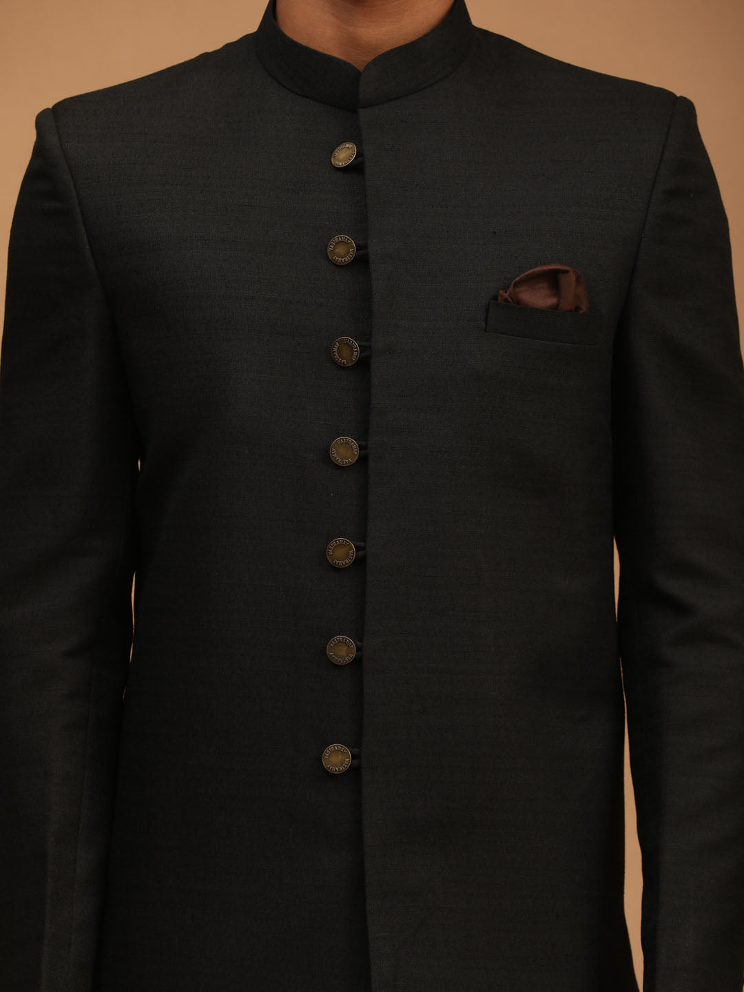 Vastramay mens black and coffee color texture pattern sherwani set