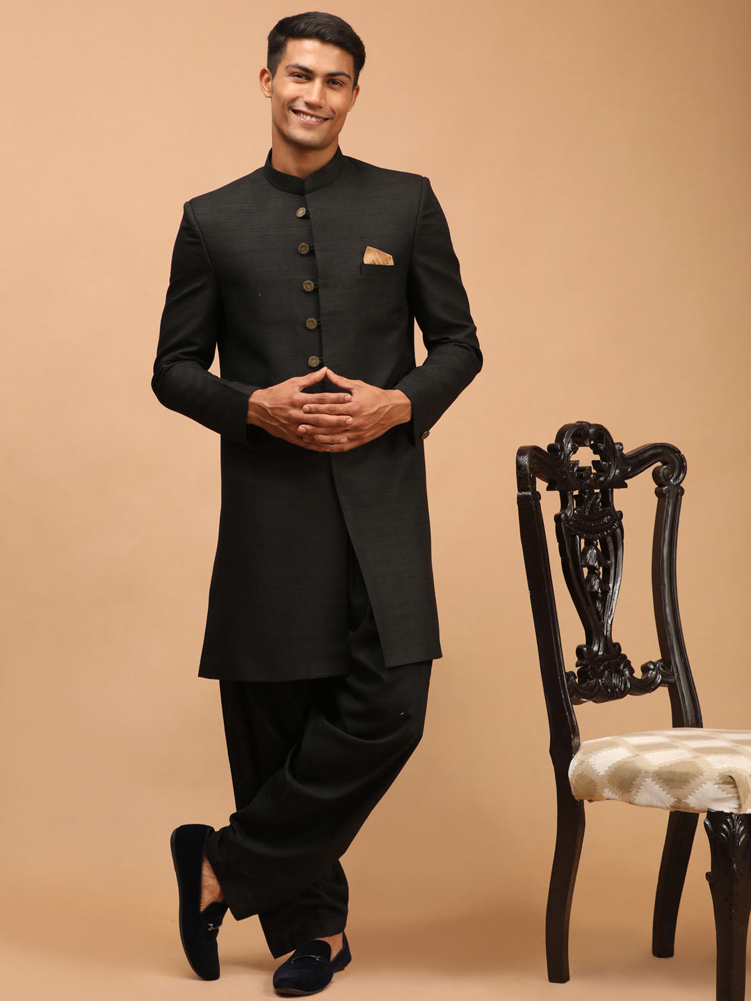 Vastramay mens black color texture pattern sherwani with black solid patiyala set
