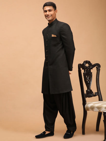 Vastramay mens black color texture pattern sherwani with black solid patiyala set