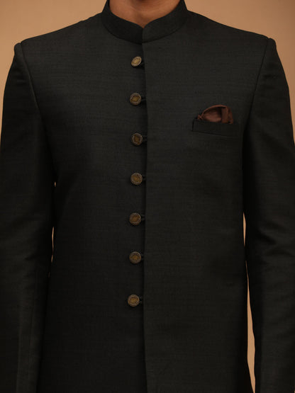 Vastramay mens black color texture pattern sherwani with black solid patiyala set