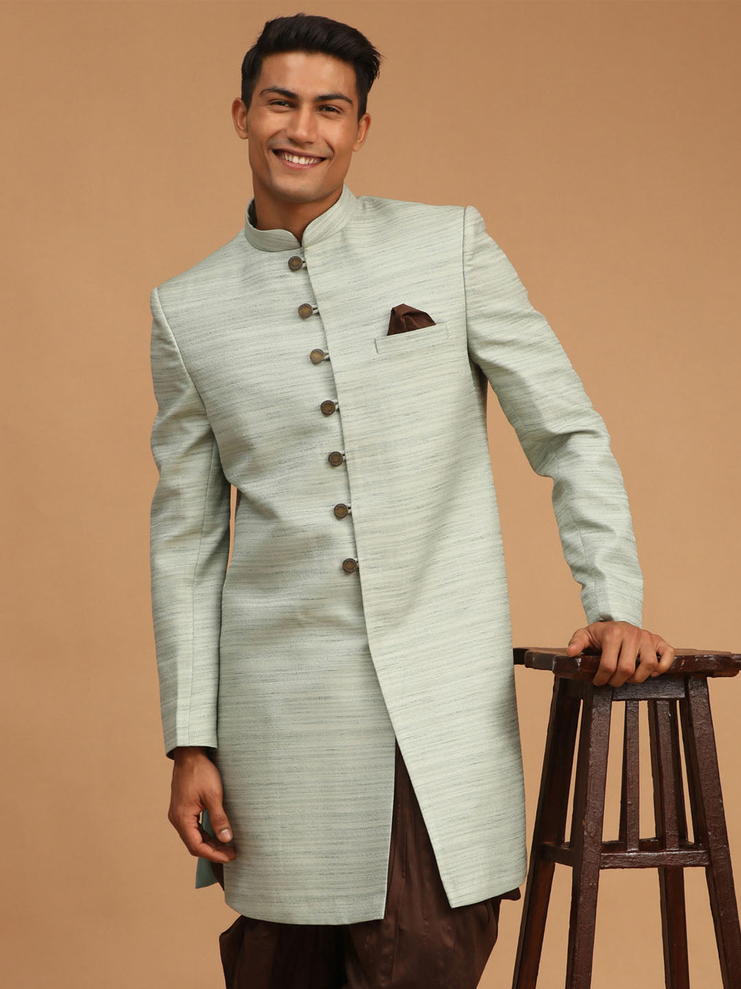 Vastramay mens mint green color silk blend sherwani top