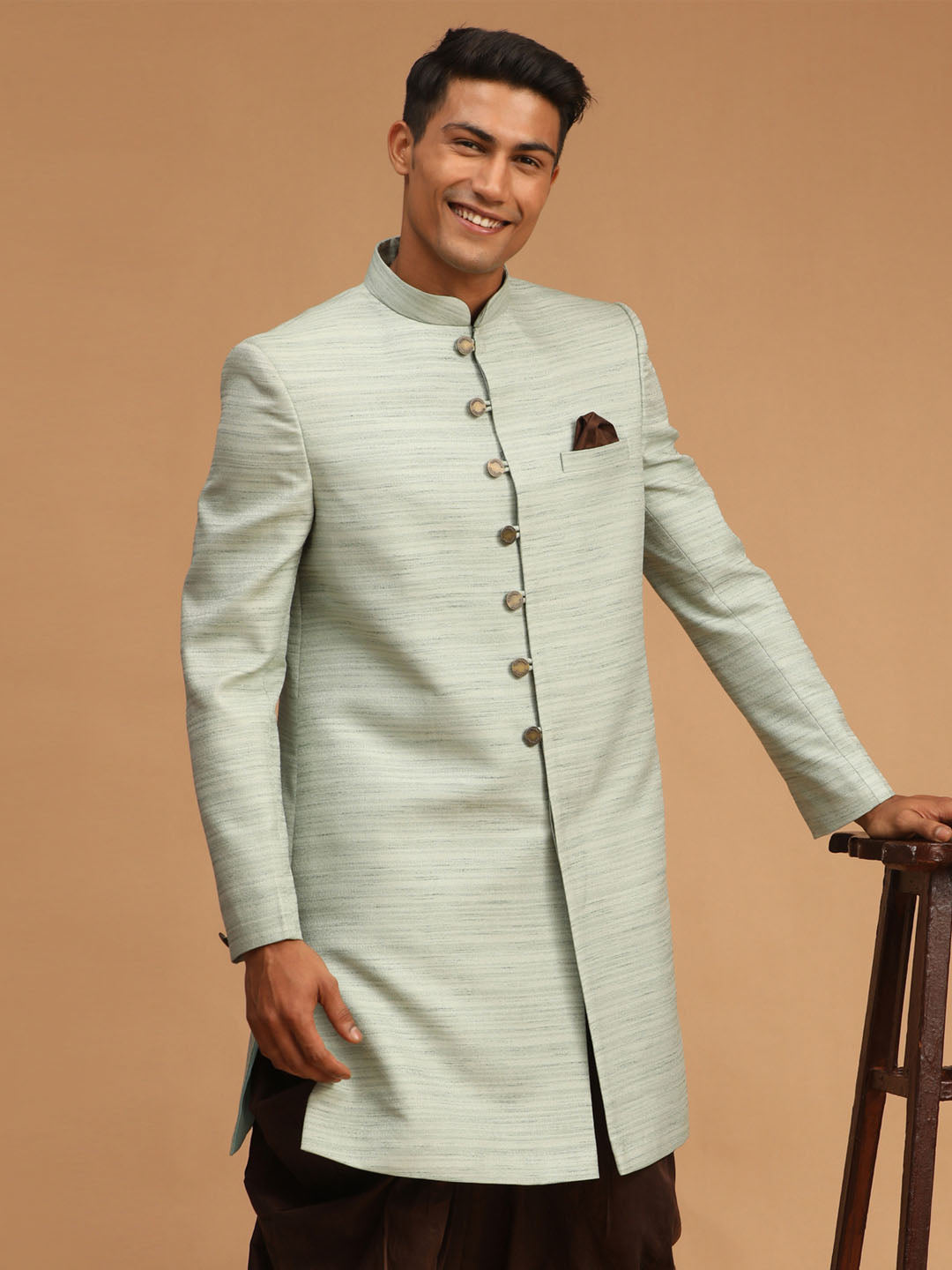 Vastramay mens mint green color silk blend sherwani top