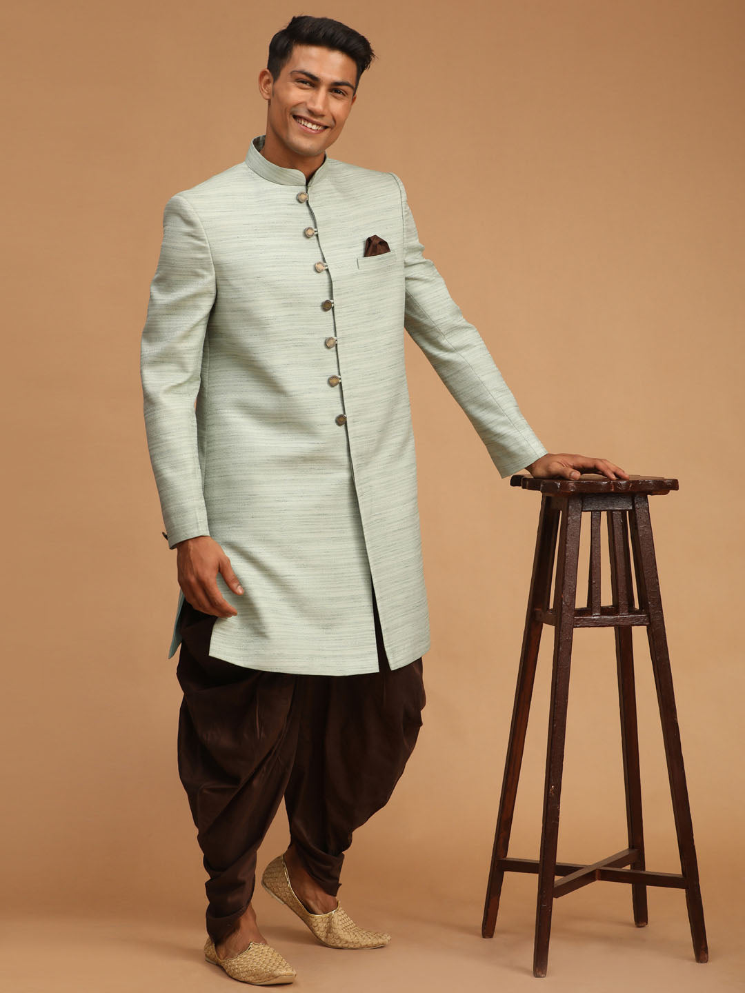 Vastramay mens mint green and coffee color texture pattern sherwani set