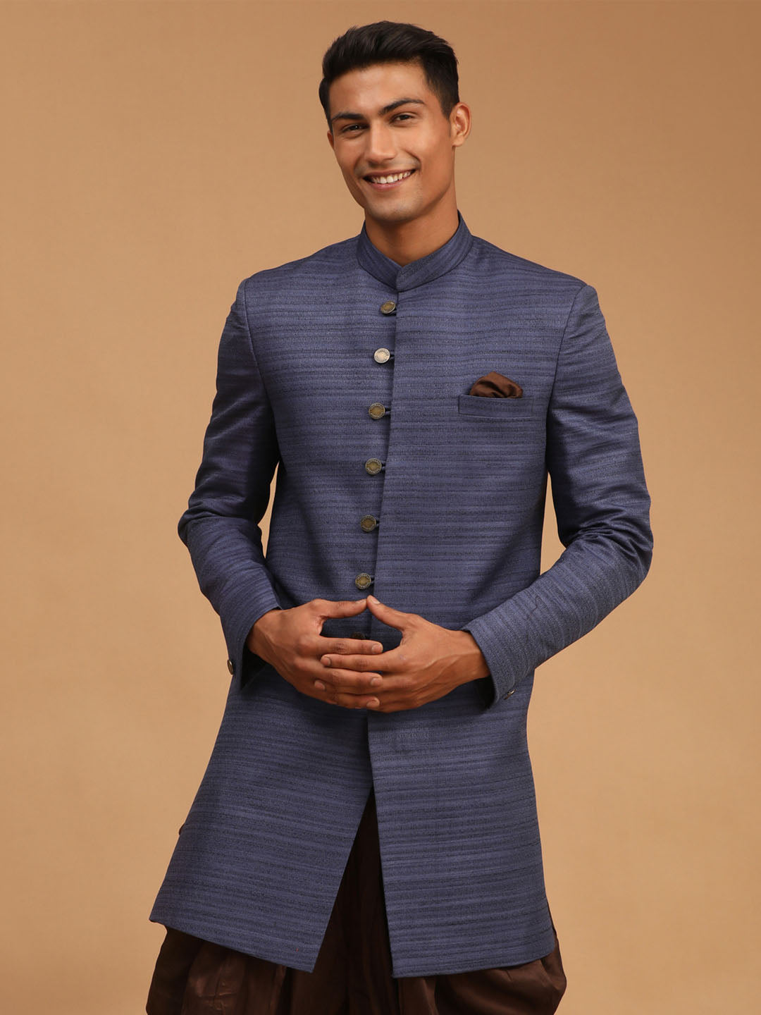 Vastramay mens navy blue color silk blend sherwani top