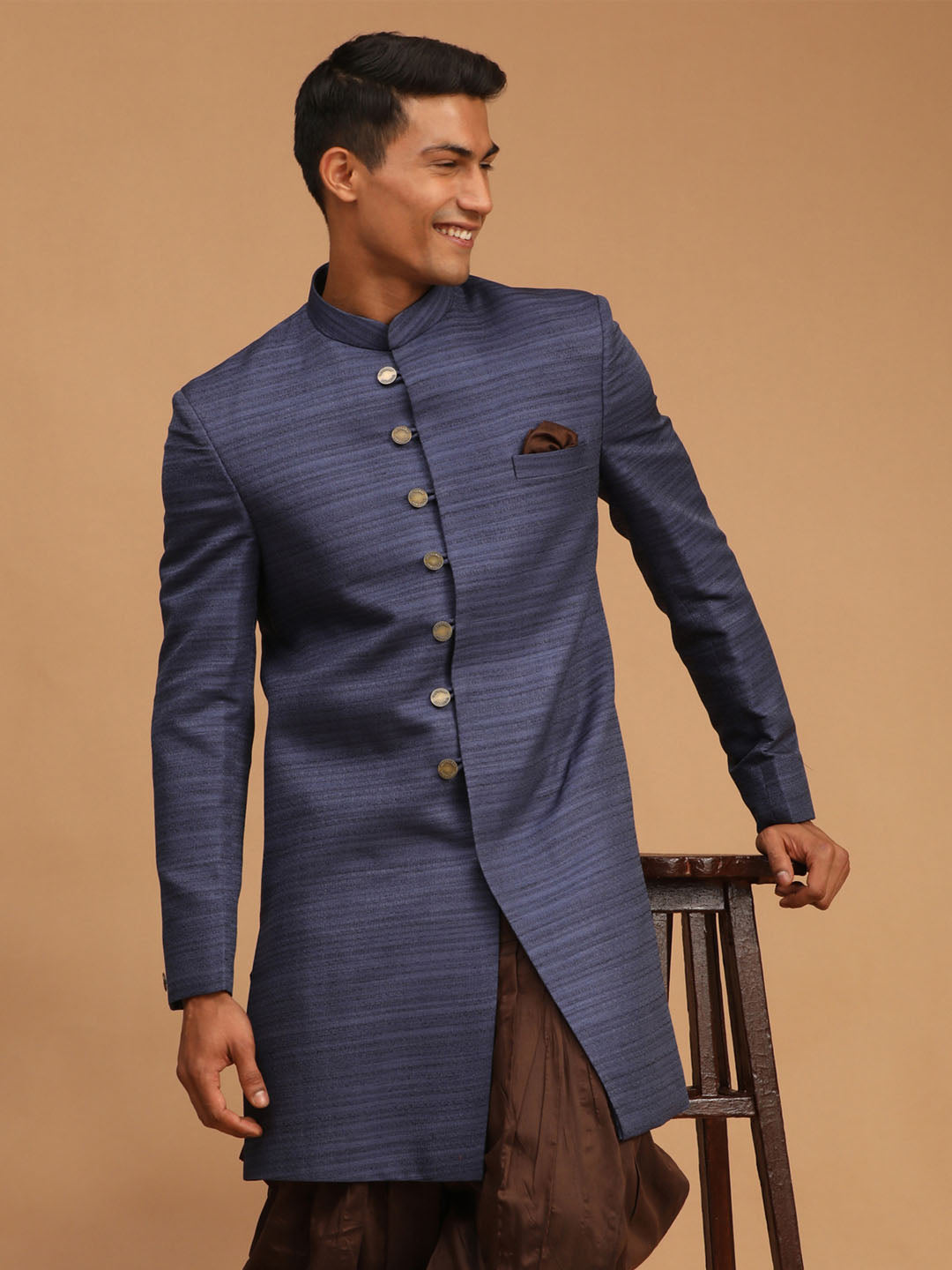 Vastramay mens navy blue color silk blend sherwani top