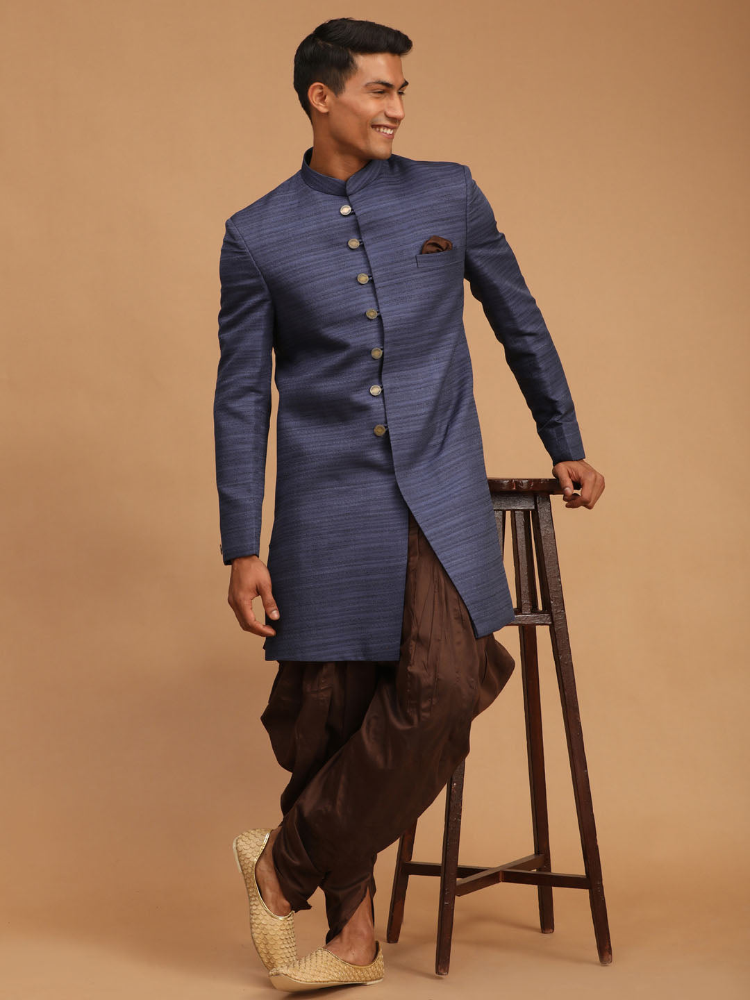 Vastramay mens navy blue and coffee color texture pattern sherwani set