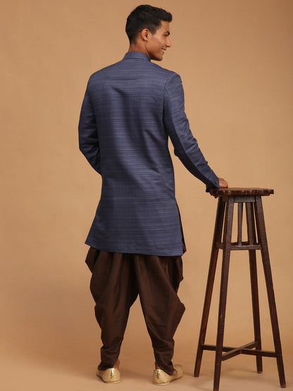 Vastramay mens navy blue and coffee color texture pattern sherwani set