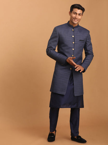 vastramay mens navy blue texture pattern sherwani with blue solid kurta and pant set