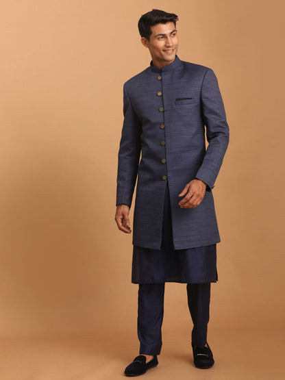 vastramay mens navy blue texture pattern sherwani with blue solid kurta and pant set