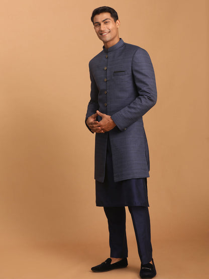 vastramay mens navy blue texture pattern sherwani with blue solid kurta and pant set