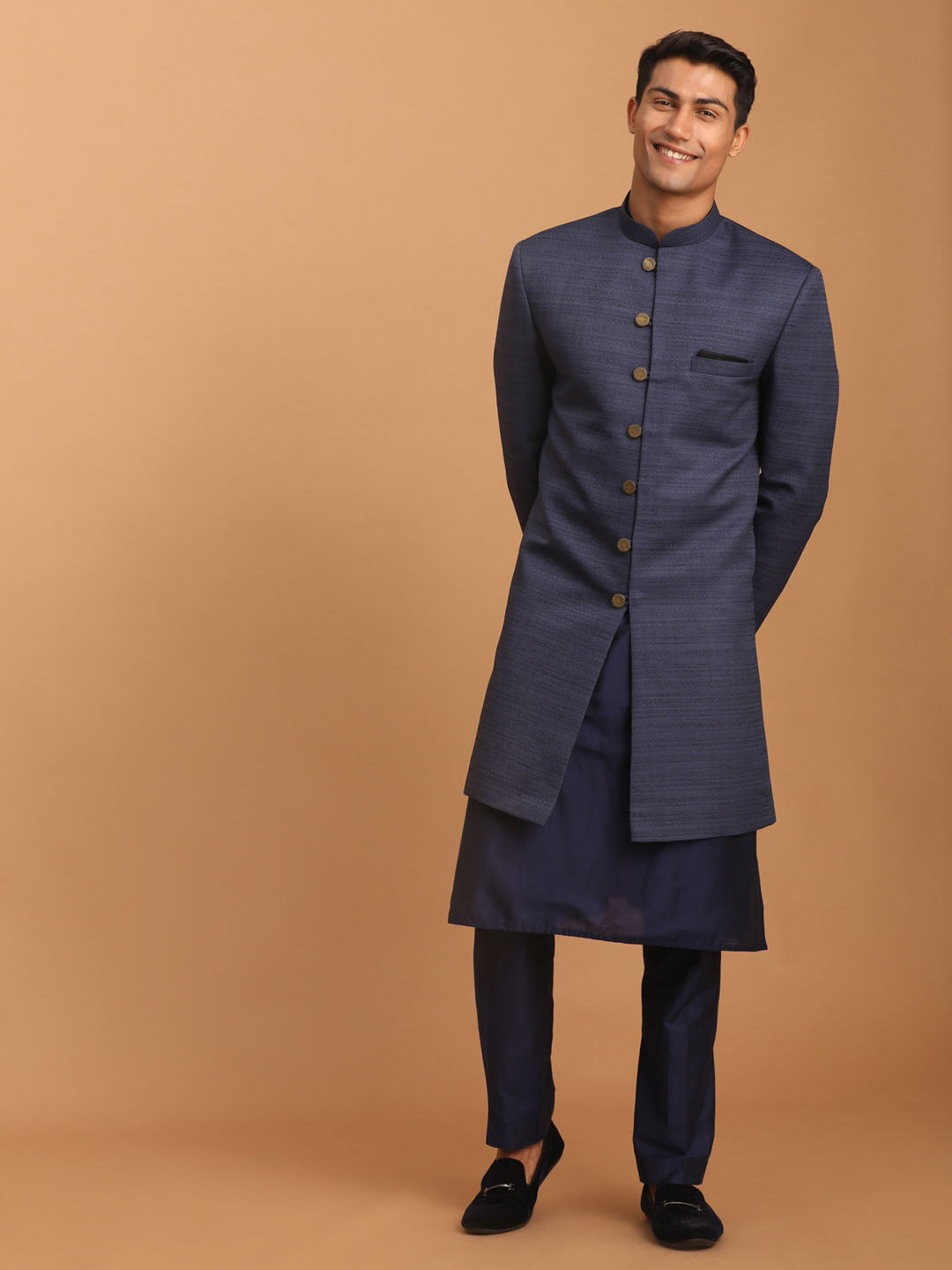 vastramay mens navy blue texture pattern sherwani with blue solid kurta and pant set