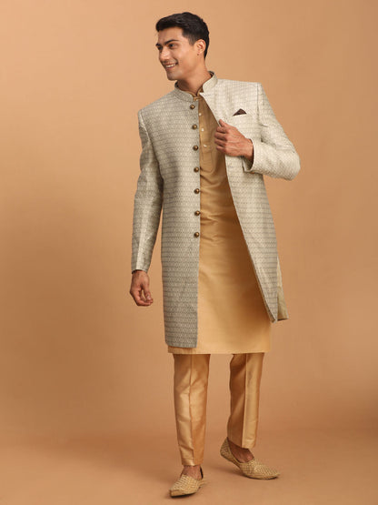 vastramay mens beige silk blend sherwani with rose gold kurta pant set