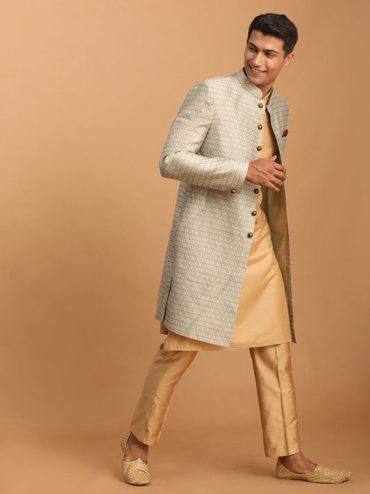 vastramay mens beige silk blend sherwani with rose gold kurta pant set