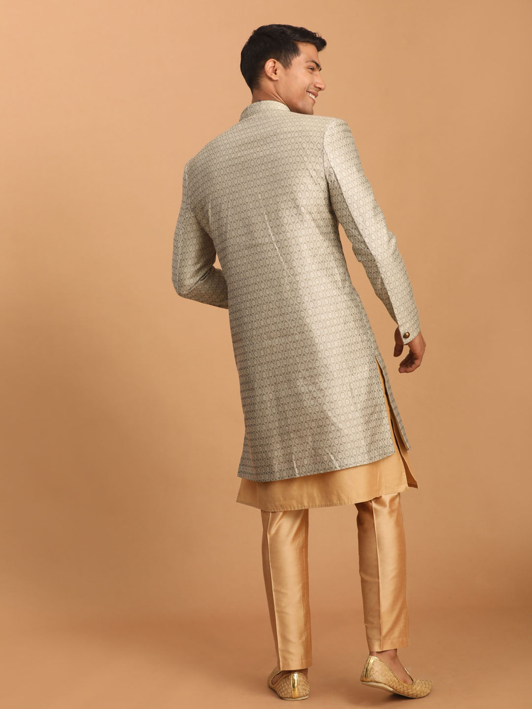 vastramay mens beige silk blend sherwani with rose gold kurta pant set