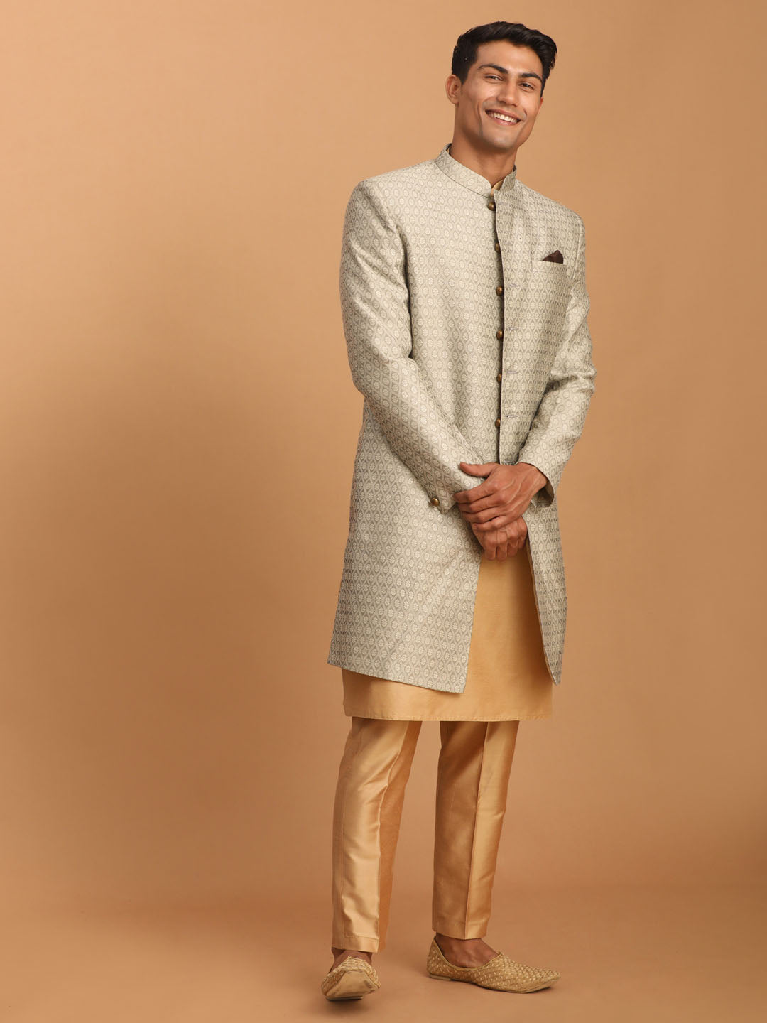 vastramay mens beige silk blend sherwani with rose gold kurta pant set