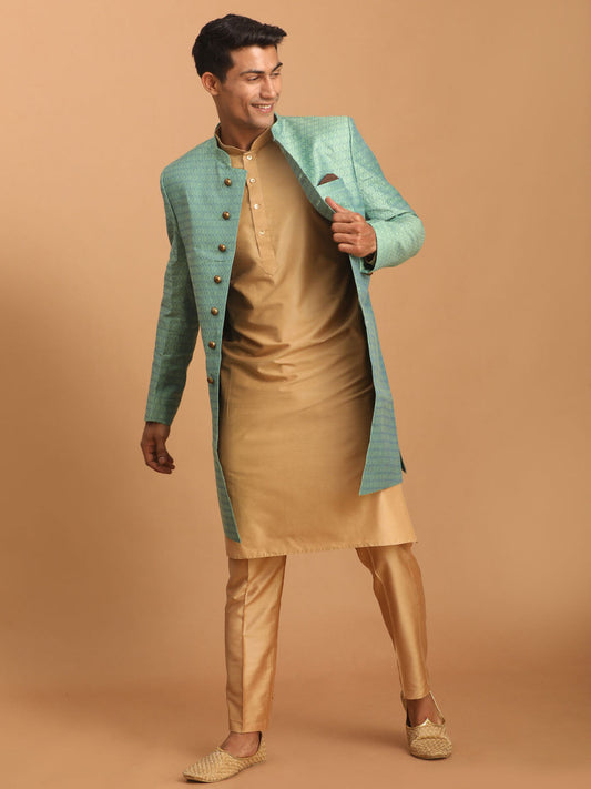 vastramay mens green silk blend sherwani with rose gold kurta pant set