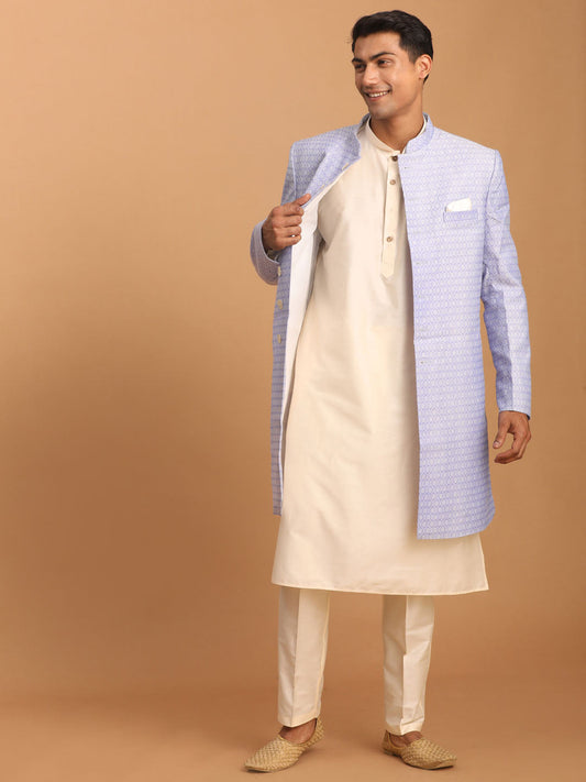 vastramay mens lavender color sherwani with cream kurta and pant set