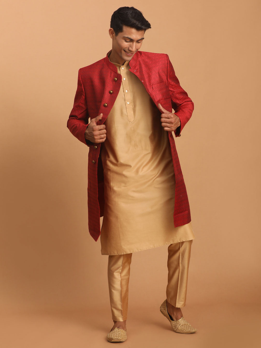 vastramay mens maroon silk blend sherwani with rose gold kurta pant set