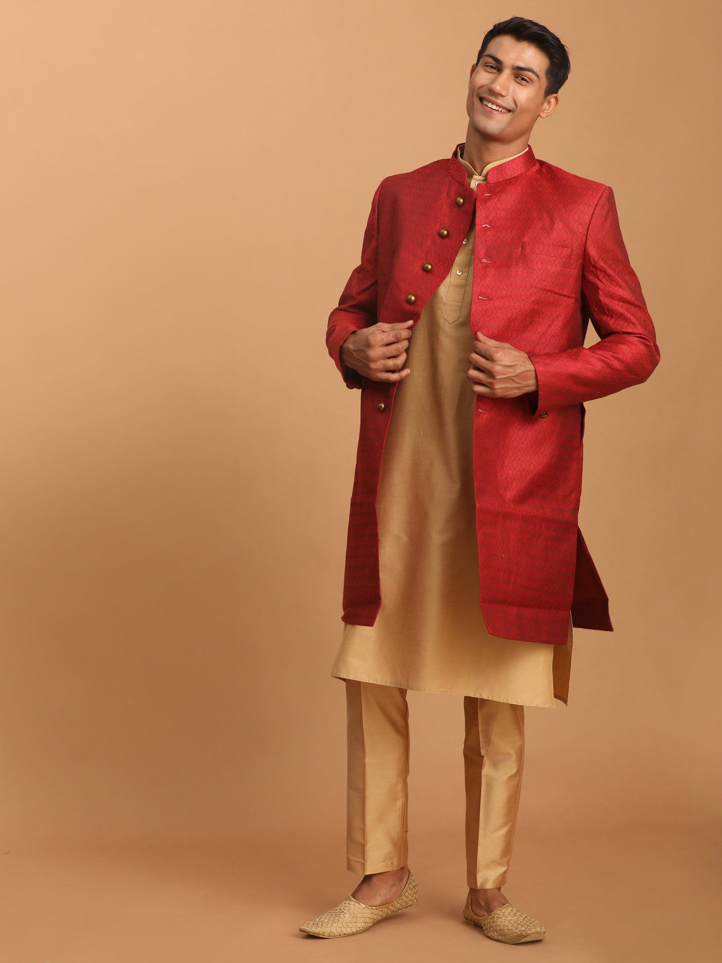 vastramay mens maroon silk blend sherwani with rose gold kurta pant set