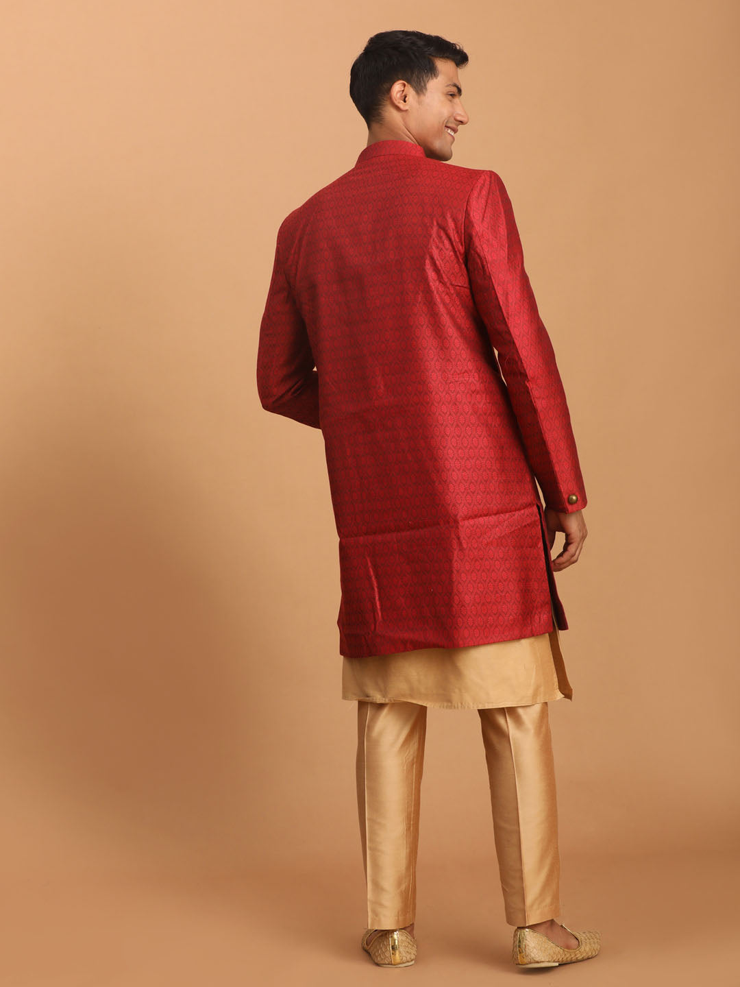 vastramay mens maroon silk blend sherwani with rose gold kurta pant set