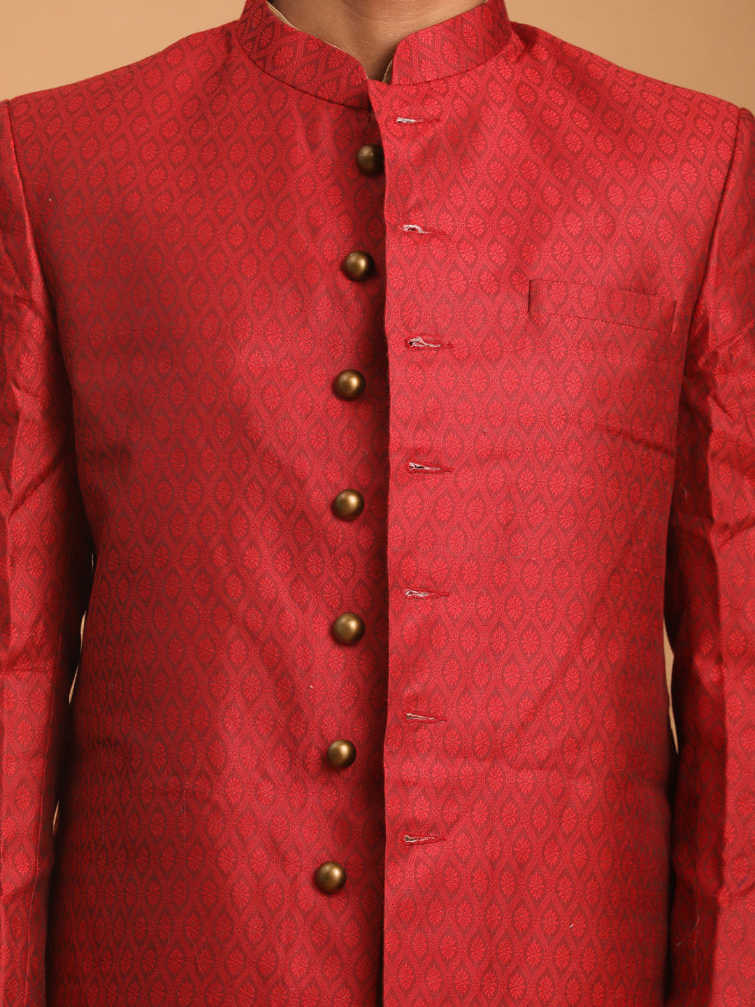 vastramay mens maroon silk blend sherwani with rose gold kurta pant set