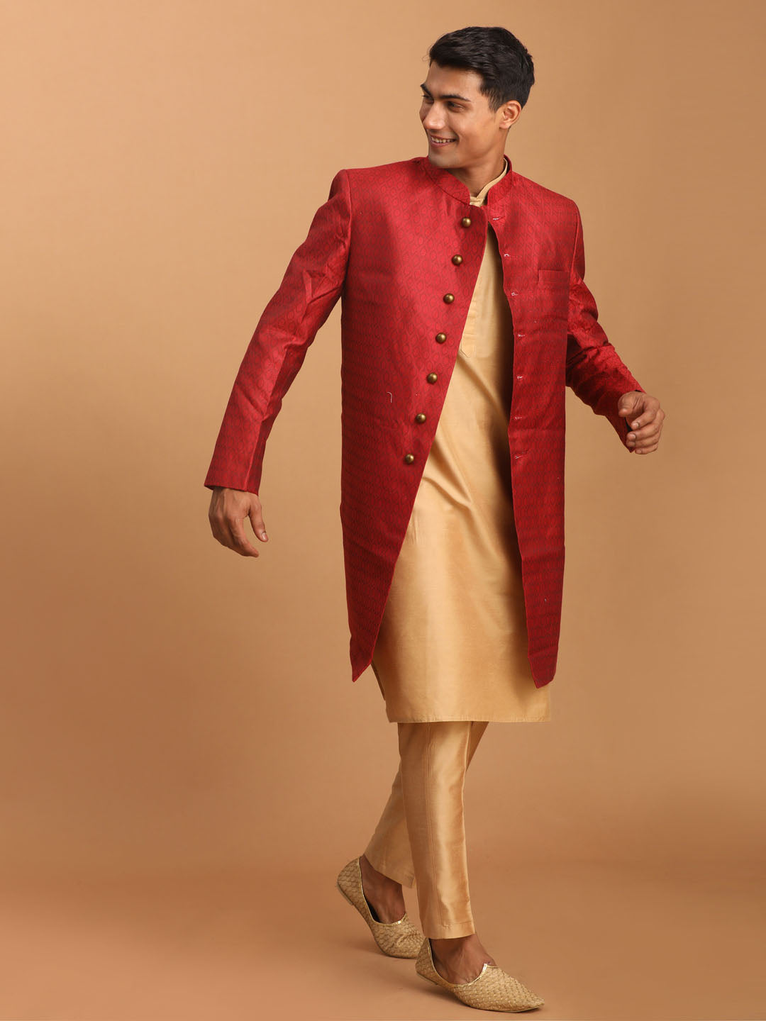 vastramay mens maroon silk blend sherwani with rose gold kurta pant set