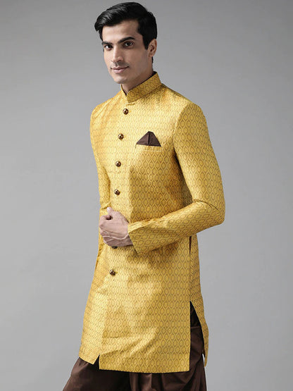 Vastramay Men's Mustard Yellow Sik Blend Sherwani Top