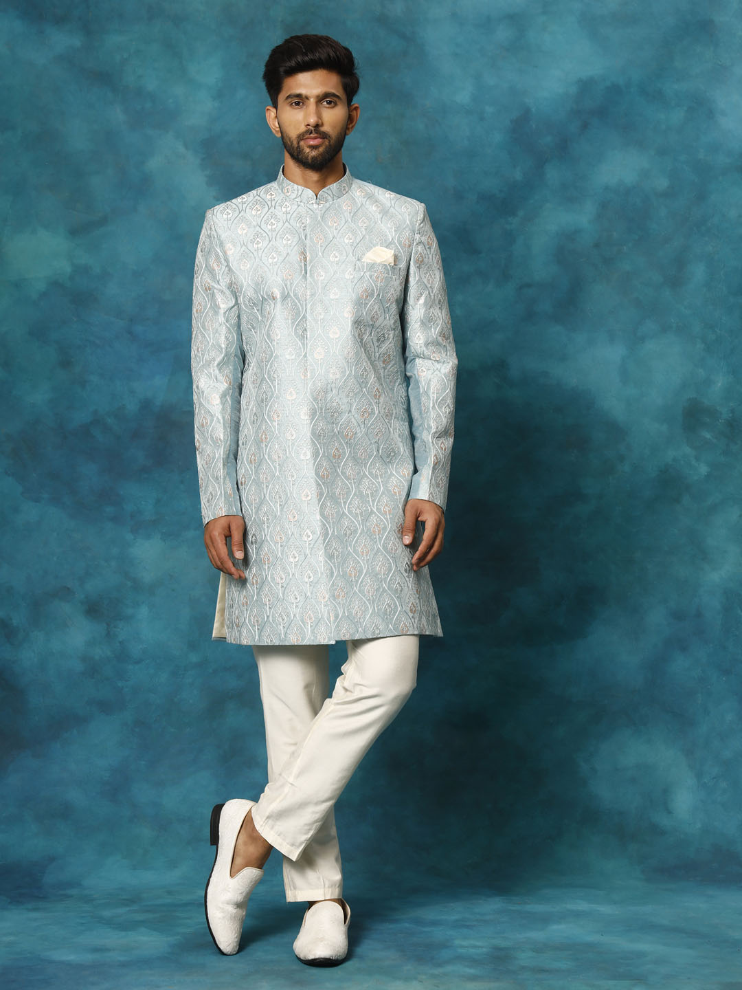 VASTRAMAY Men's Mint Green Pastel Embroidered Sherwani Set