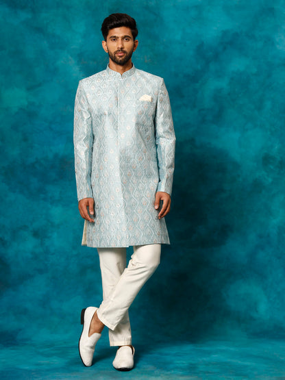 VASTRAMAY Men's Mint Green Pastel Embroidered Sherwani Set