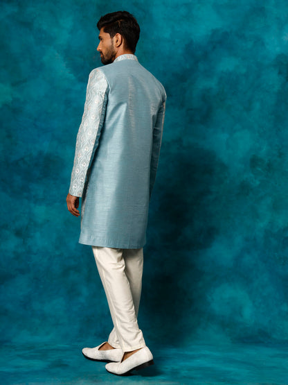 VASTRAMAY Men's Mint Green Pastel Embroidered Sherwani Set